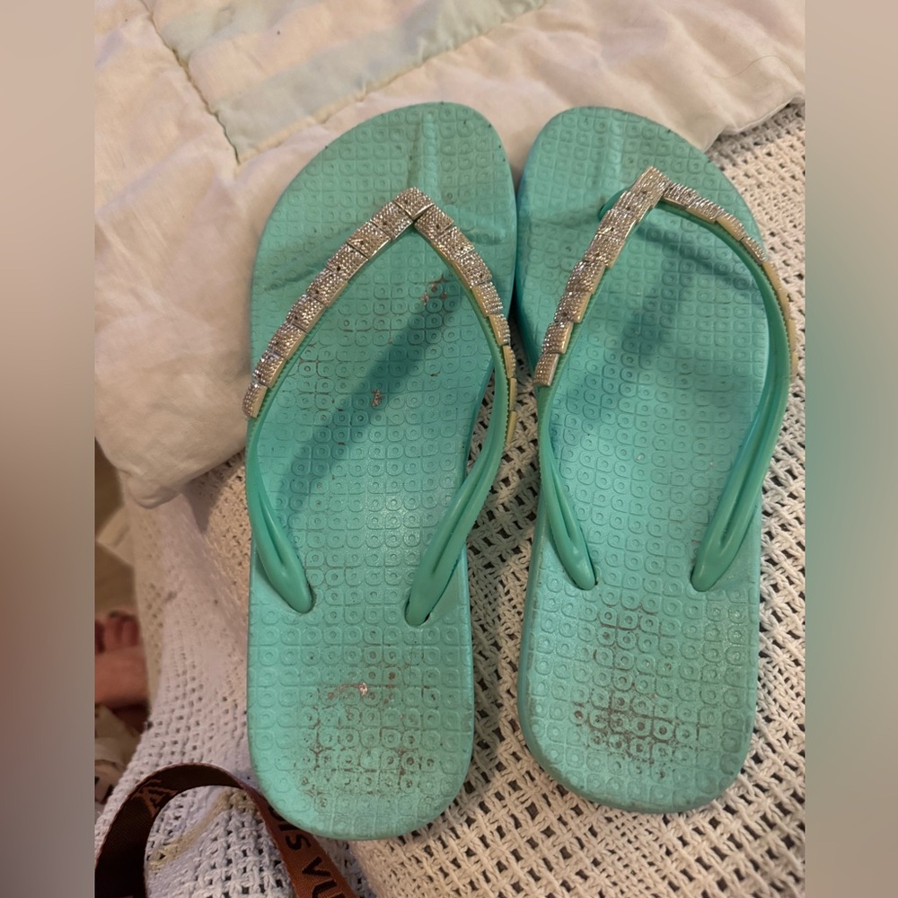 Women's Aqua Flip Flops with Silver Accents